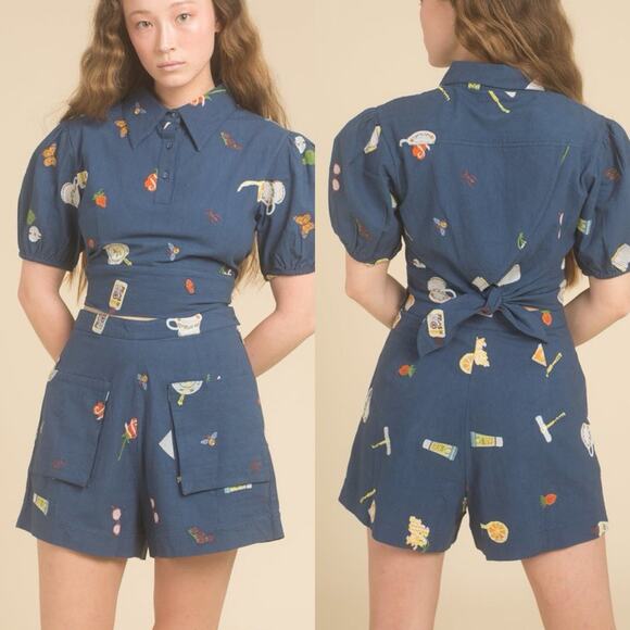 Samantha Pleet Pants - Samantha Pleet Indigo Blue Cotton Novelty Embroidered High Rise Sun Shorts 4
